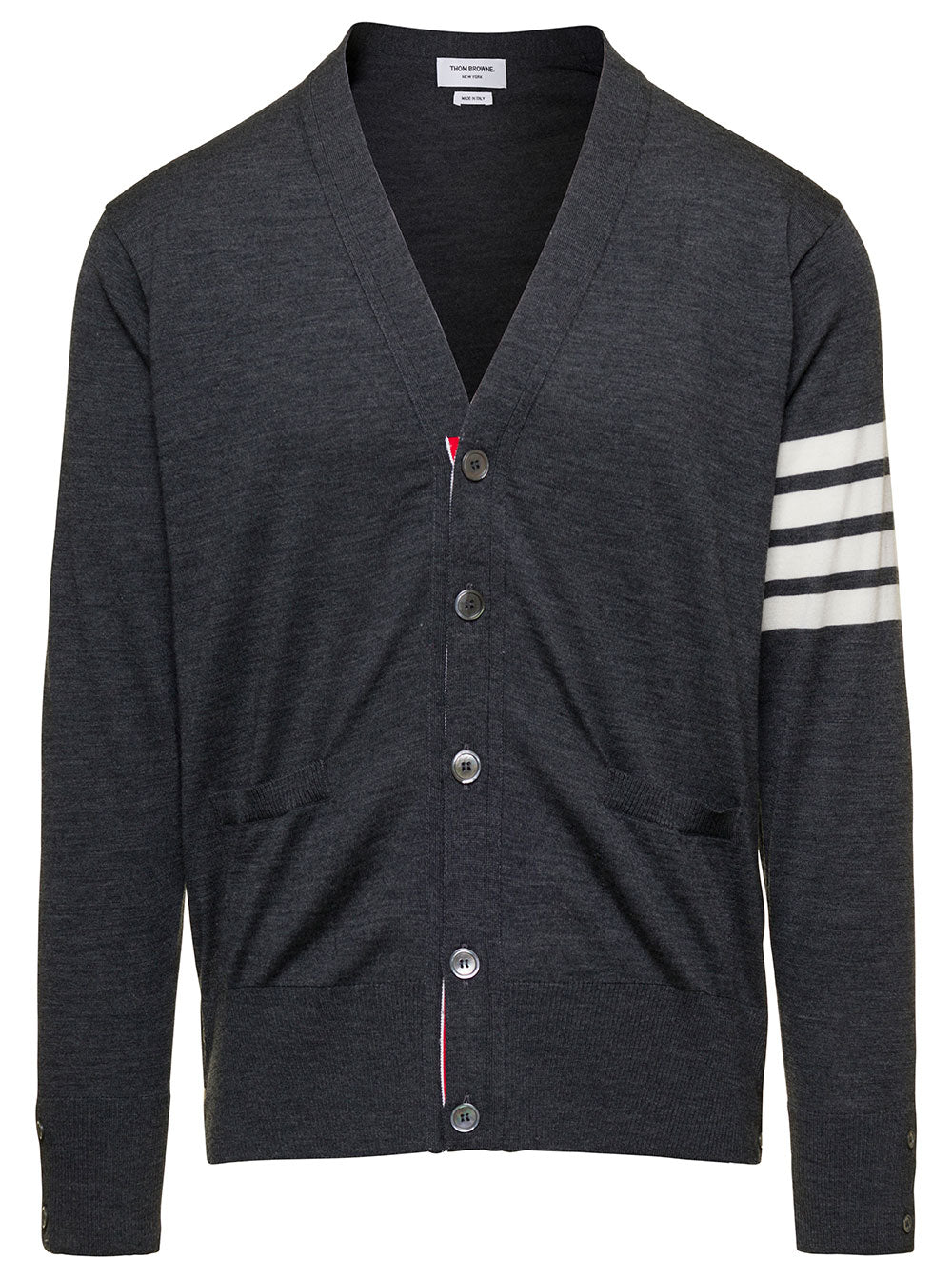 Gray Wool Mens V-Neck Cardigan with Stripe Detail Grey Virgin Jersey