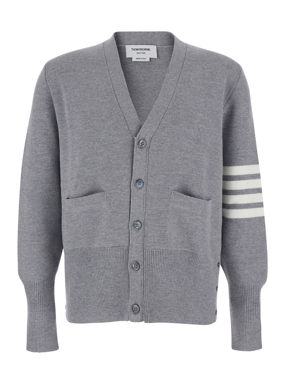 Gray Wool Cardigan with V-Neck and Striped Detail on Sleeve for Men Grey Jersey