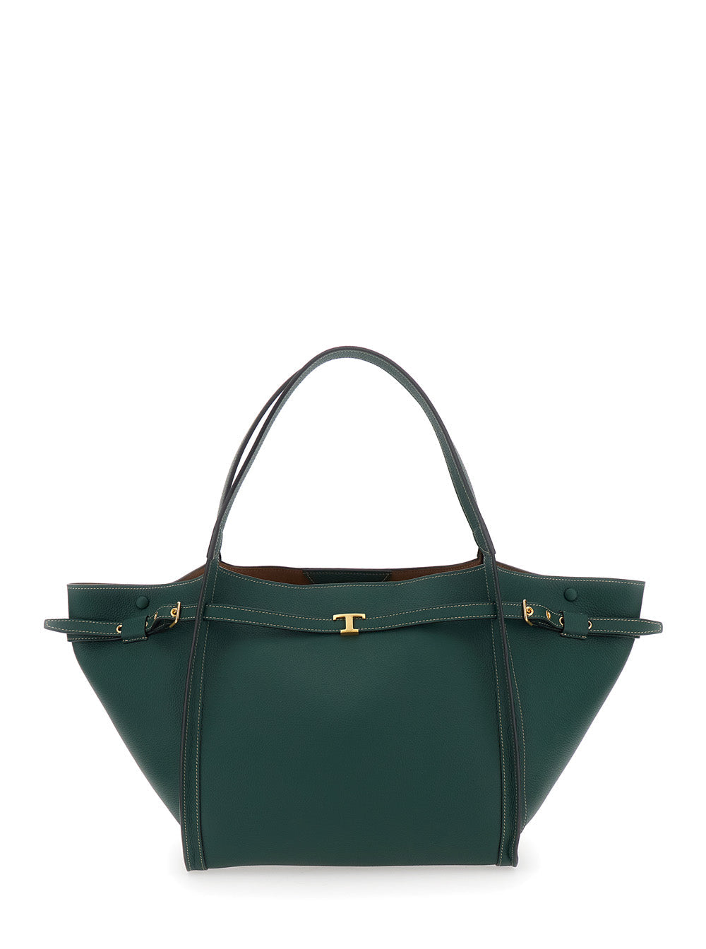 Medium T Tote Bag with Timeless Plaque on Front in Green Leather for Women Calf