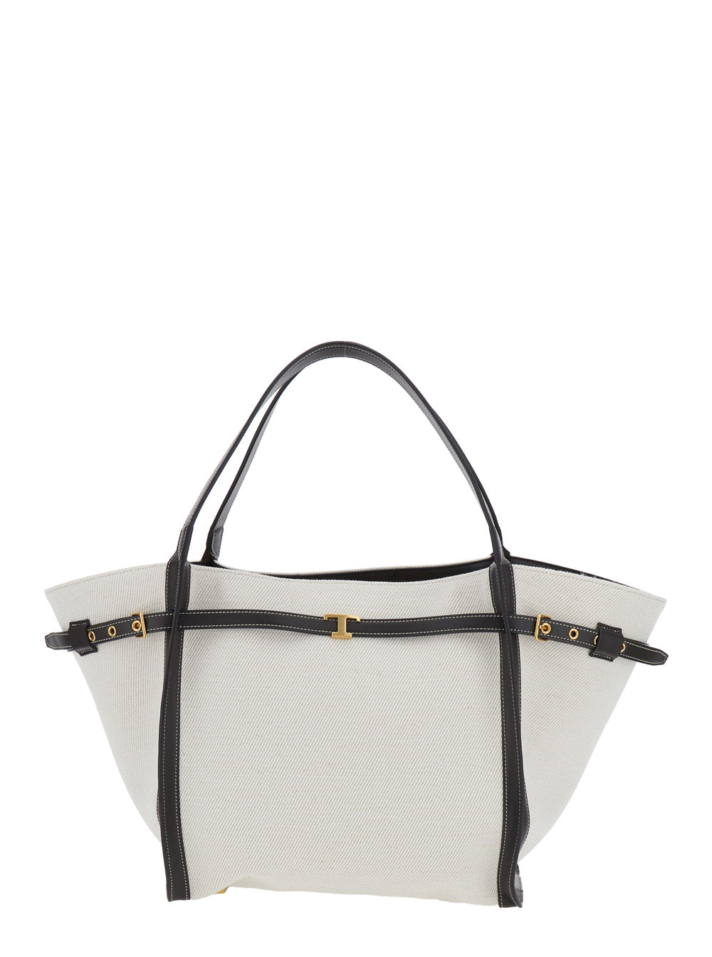 White Cotton Blend Tote Bag with Leather Strap for Women Linen Polyester