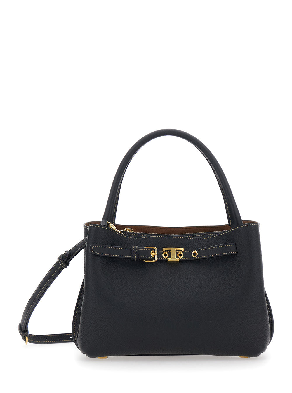 Small T-String Handbag with Adjustable and Removable Shoulder Strap Belt Buckle on the Front in Black Pebbled Leather for Women Calf Hand Bags