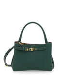 Small T-String Handbag with Adjustable and Removable Shoulder Strap Buckle on the Front in Green Hammered Leather for Women Calf Hand Bags