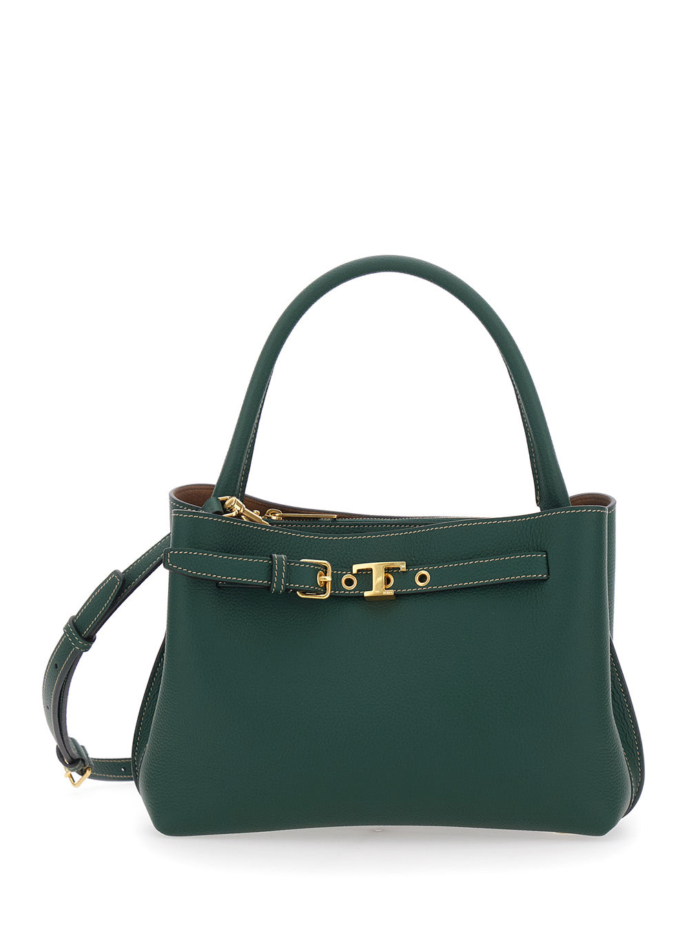 Small T-String Handbag with Adjustable and Removable Shoulder Strap Buckle on the Front in Green Hammered Leather for Women Calf Hand Bags