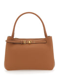 T-String Handbag with Adjustable and Removable Shoulder Strap Buckle on the Front in Brown Hammered Leather for Women Calf Hand Bags