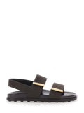 Brown Leather Sandals with Strap Design and Metallic Logo Details for Women Calf Flat Shoes