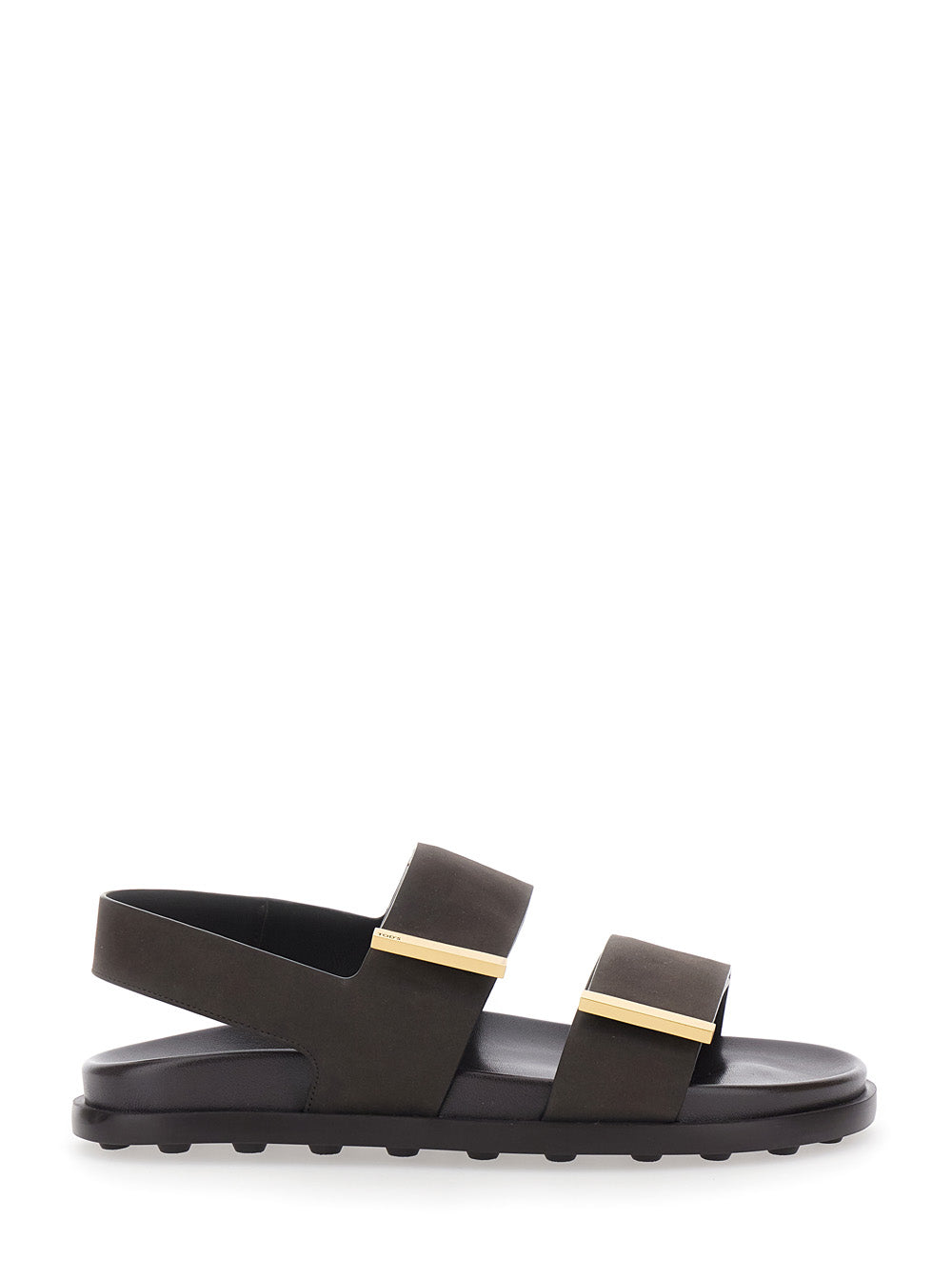 Brown Leather Sandals with Strap Design and Metallic Logo Details for Women Calf Flat Shoes