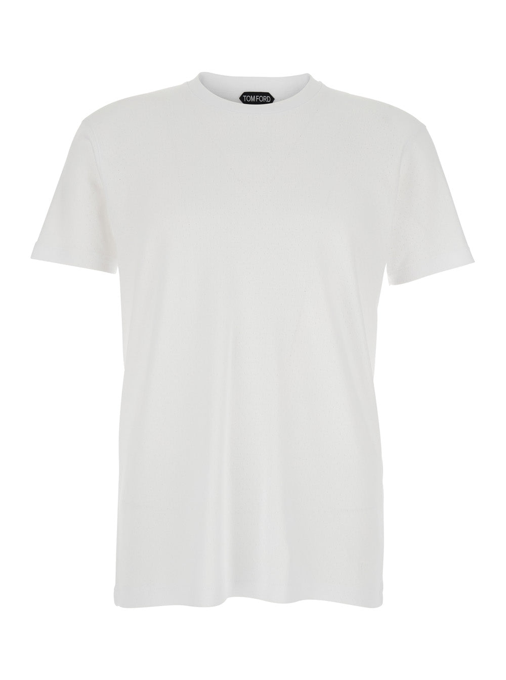 White Crew Neck T-Shirt with Logo Embroidery on the Front and Perforated Design in Cotton for Men Tshirts Polo Shirts