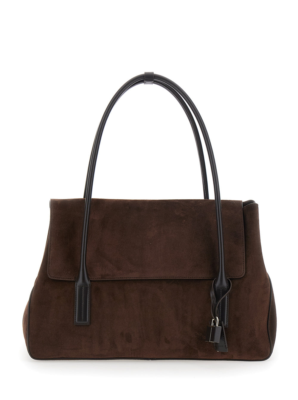 Brown Large Shoulder Bag with Padlock Details on the Front in Suede Woman Calf