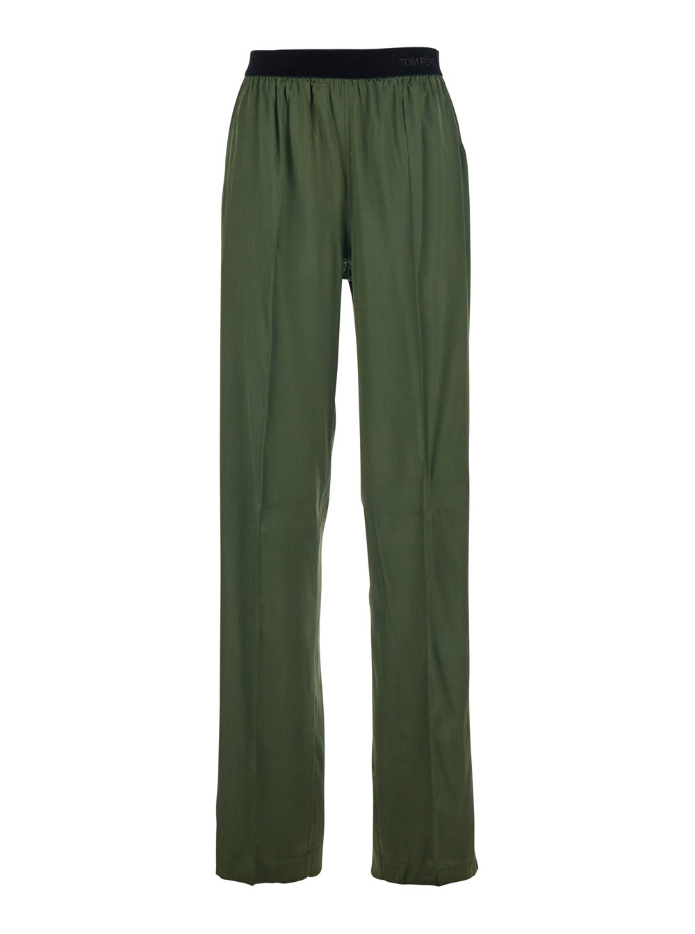 Green Elastic Waist Pants with Logo Lettering in Stretch Silk Woman Elastane Trousers