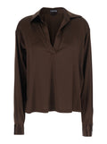 Brown Blouse with Wide Pointed Collar and V-Neck in Stretch Silk for Women Elastane Shirts Blouses
