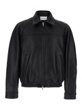 Black Leather Jacket with Classic Collar and Two Zip Pockets for Men Lamb Outerwear