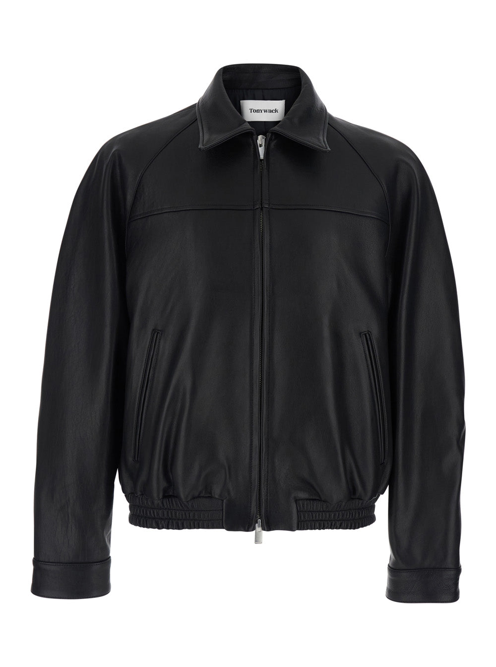 Black Leather Jacket with Classic Collar and Two Zip Pockets for Men Lamb Outerwear
