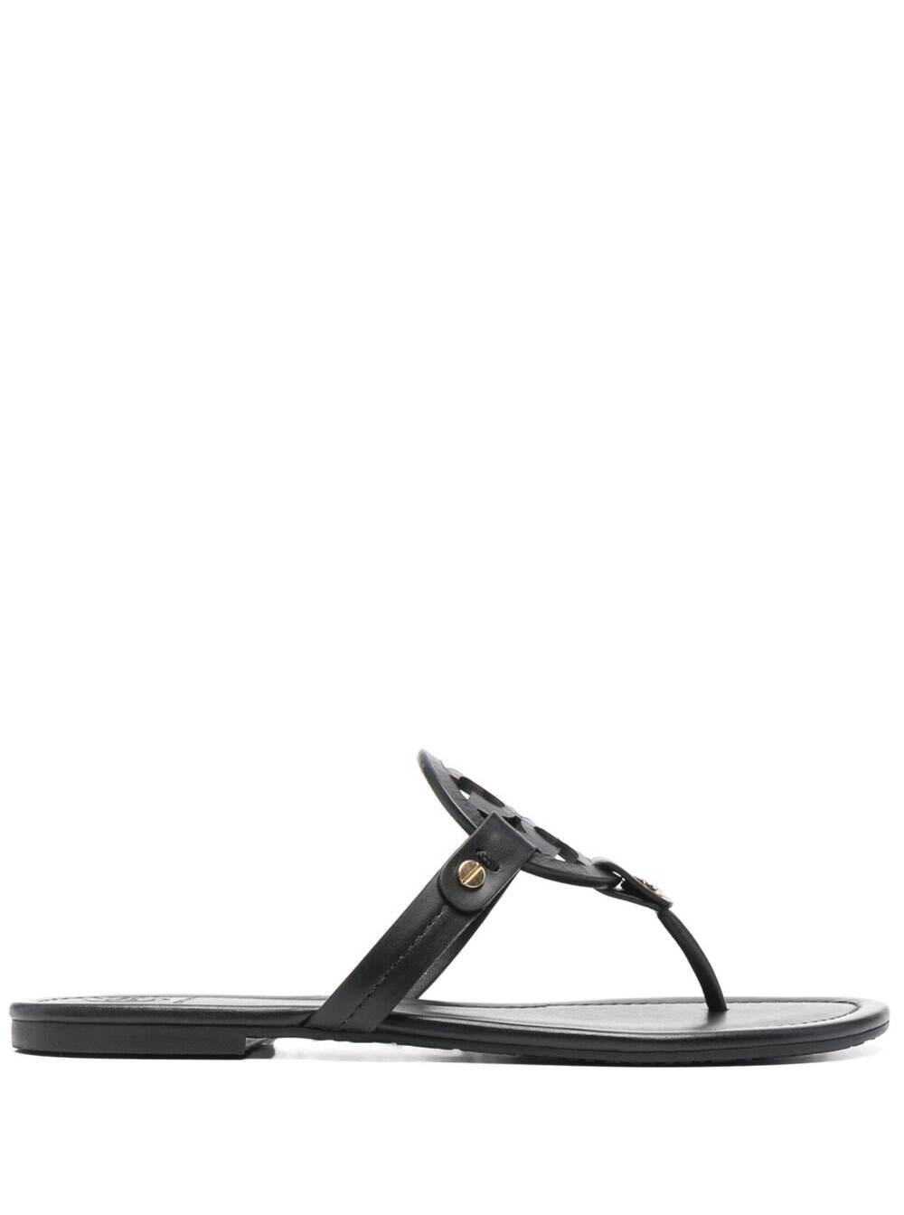 Womens Black Leather Miller Thong Sandal with Tone-on-Tone Logo Flat Shoes