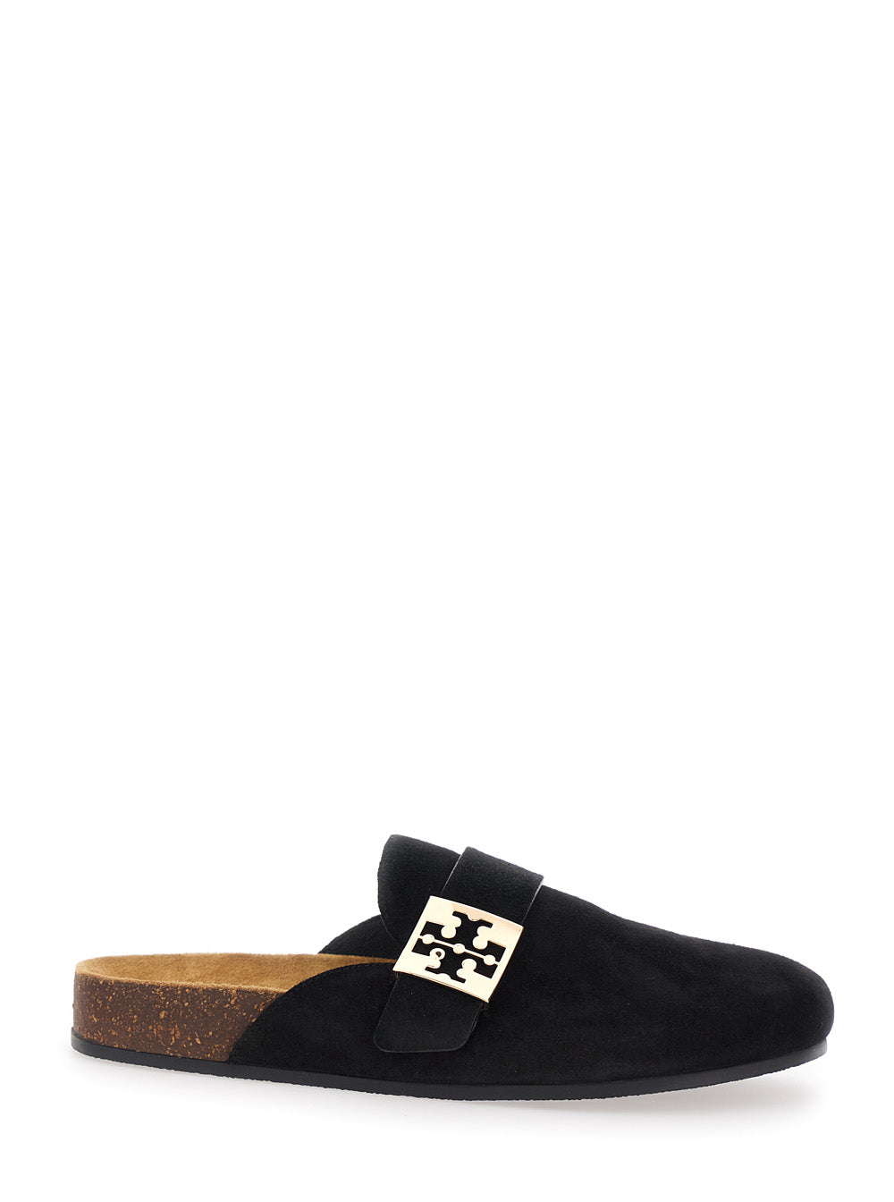 Mule Slip-On Mellow with Metal Logo Buckle in Black Suede for Women Bovine Flat Shoes