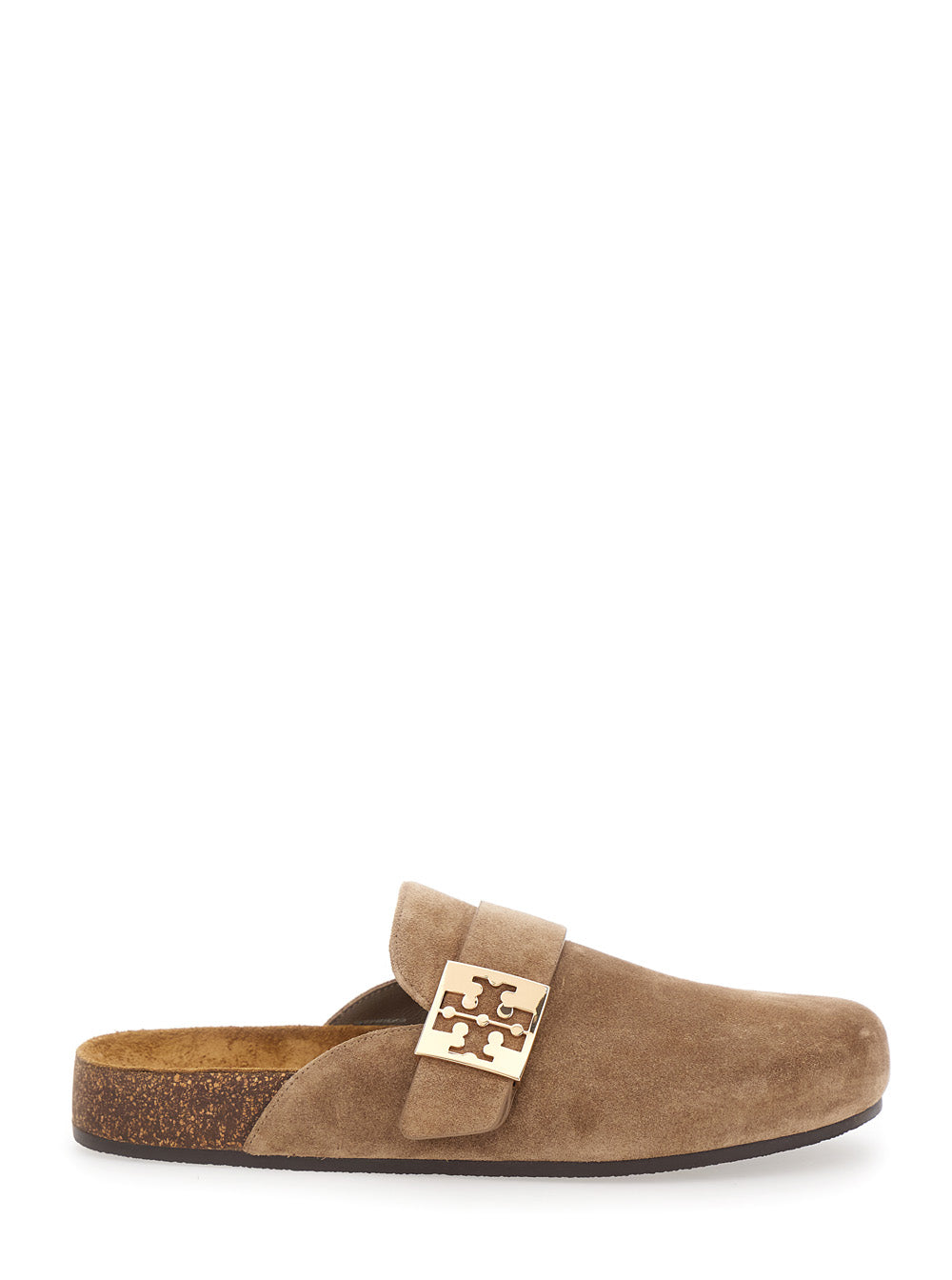 Beige Suede Mellow Slip-On Mule with Metal Logo Buckle for Women Bovine Flat Shoes