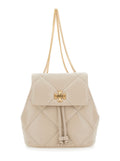 Kira Backpack with Metallic Logo Plate on Front in Quilted Beige Leather for Women Cow Backpacks And Belt Bags