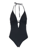 One-Piece Swimsuit Black with Knot Closure and Logo Plate on the Front in Tech Fabric for Women Beachwear