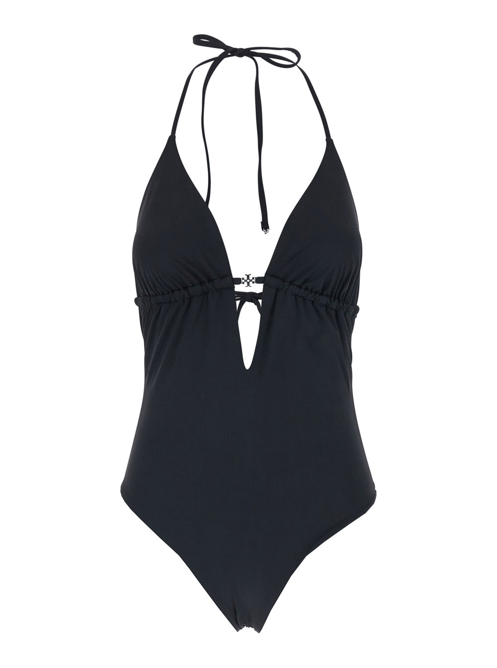 One-Piece Swimsuit Black with Knot Closure and Logo Plate on the Front in Tech Fabric for Women Beachwear