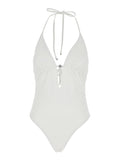 One-Piece Swimsuit with Knot Closure and Logo Plate on the Front in White Tech Fabric for Women Beachwear