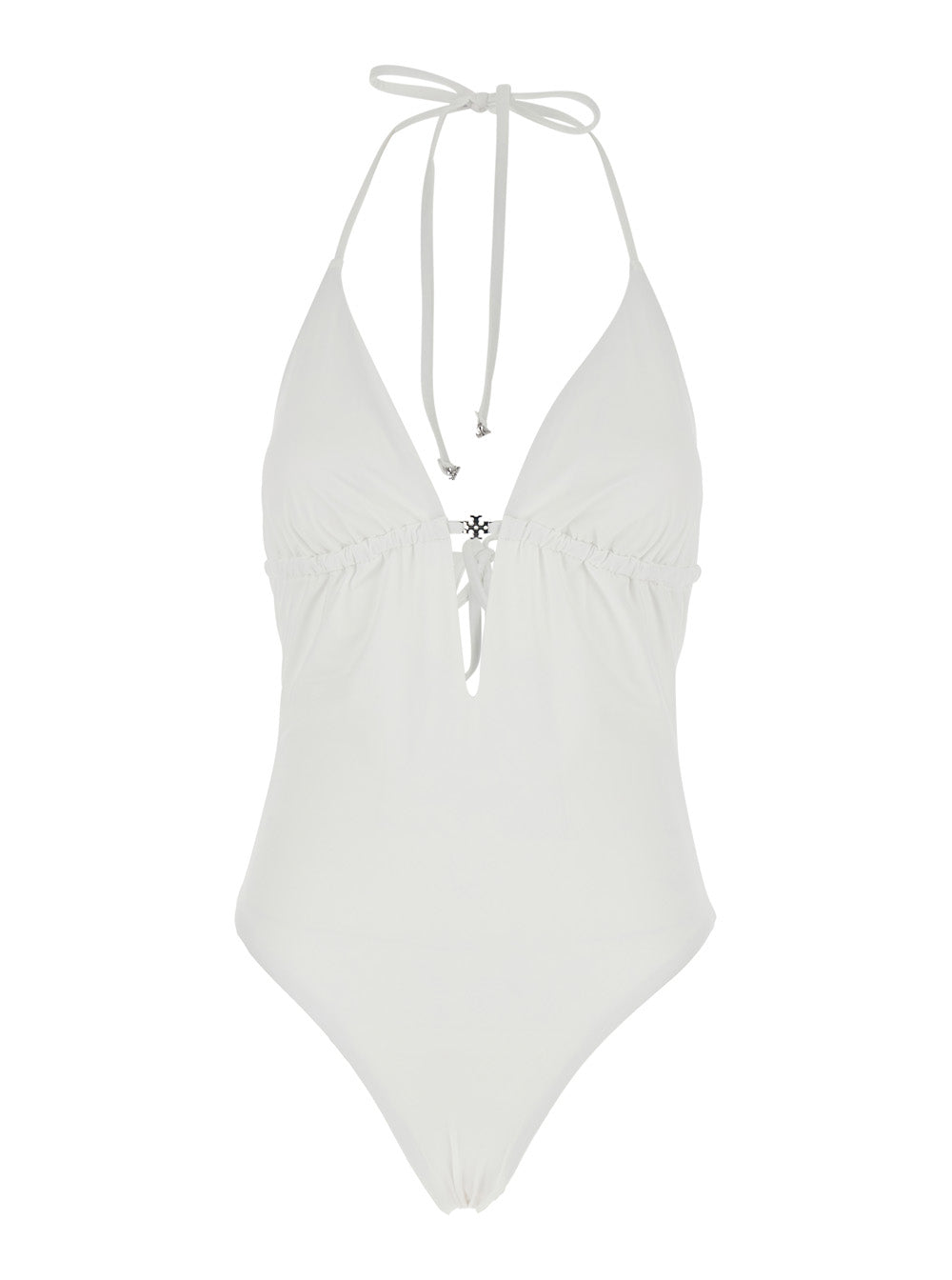 One-Piece Swimsuit with Knot Closure and Logo Plate on the Front in White Tech Fabric for Women Beachwear