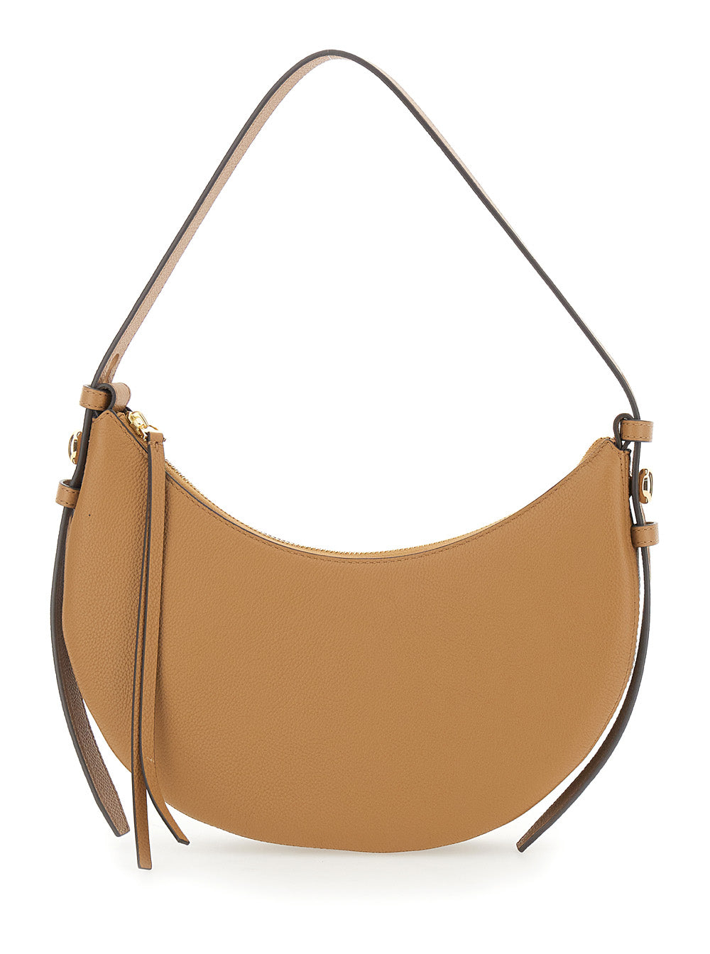 Romy Half Moon Beige Shoulder Bag with Adjustable and Removable Strap in Grained Leather Woman Cow