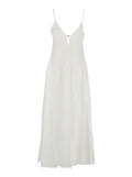 Long Sleeveless Dress with V-Neck and Logo Plate on the Neck in Linen Silk Blend White Women