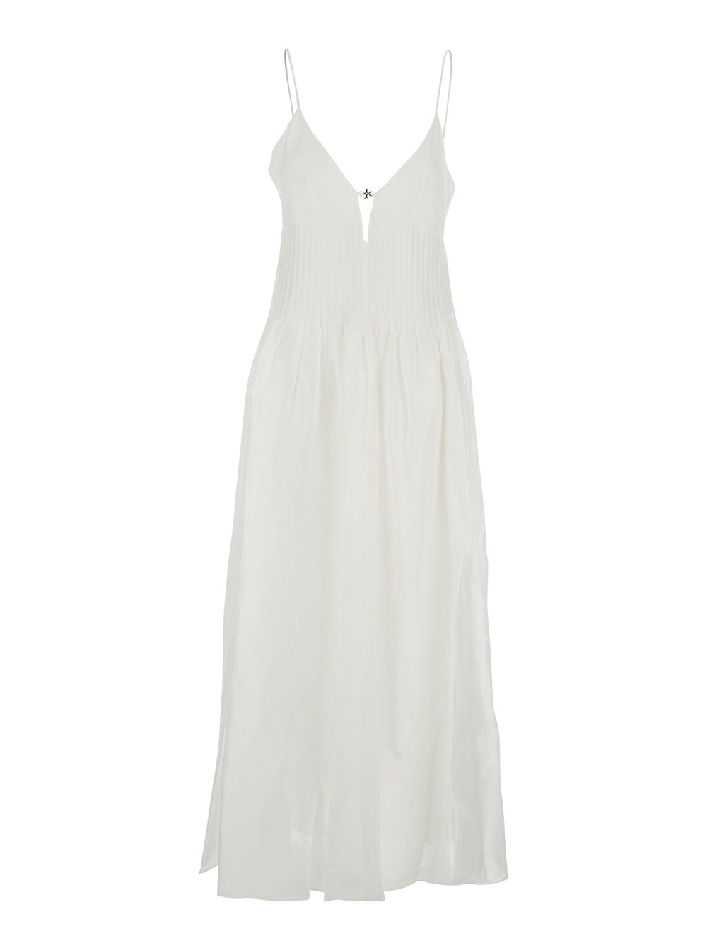 Long Sleeveless Dress with V-Neck and Logo Plate on the Neck in Linen Silk Blend White Women