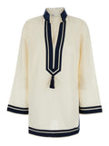 White Caftan with Contrast Details and Cotton Tassel for Women Dress
