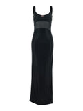 Long Anse Dress With Thin Straps And Applied Rhinestones Black Tech Fabric
