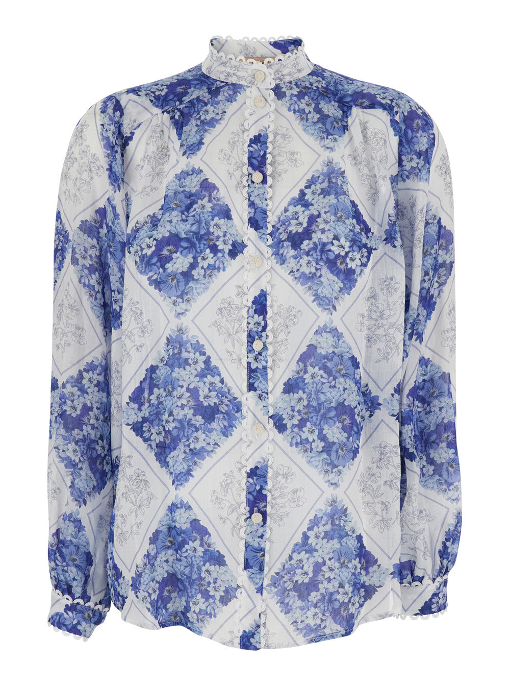 High Neck Floral Pattern All-Over Blue Fabric Shirt for Women Multicolor Ramie And Blouses