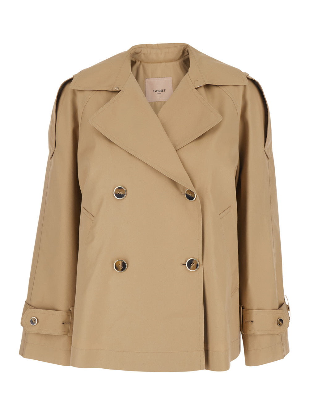 Short Double-breasted Trench in Tech Fabric Beige Women Cotton Polyamide Outerwear