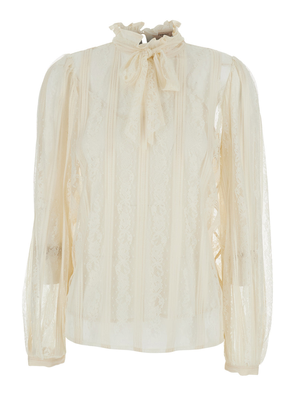 White Shirt with Lace Design and Knot at the Neck in Cotton Blend for Women Polyamide Blouses