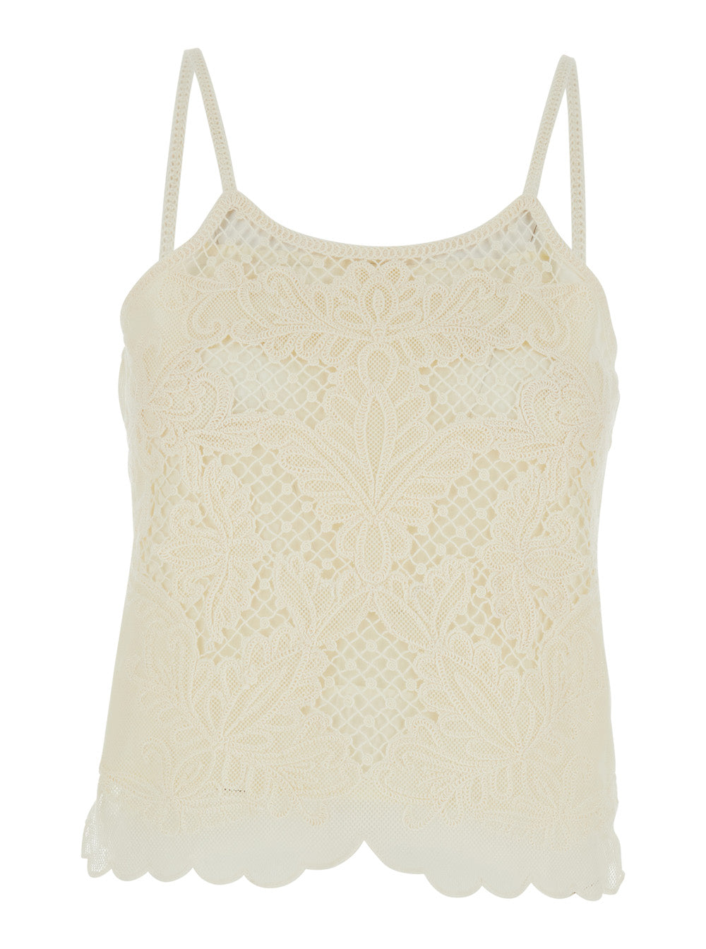 Round Neck Top with Lace Design in Cotton Blend White Women Polyamide Tops