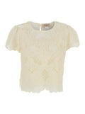Blouse White with Long Sleeves and Cotton Lace Details for Women Polyamide Tops