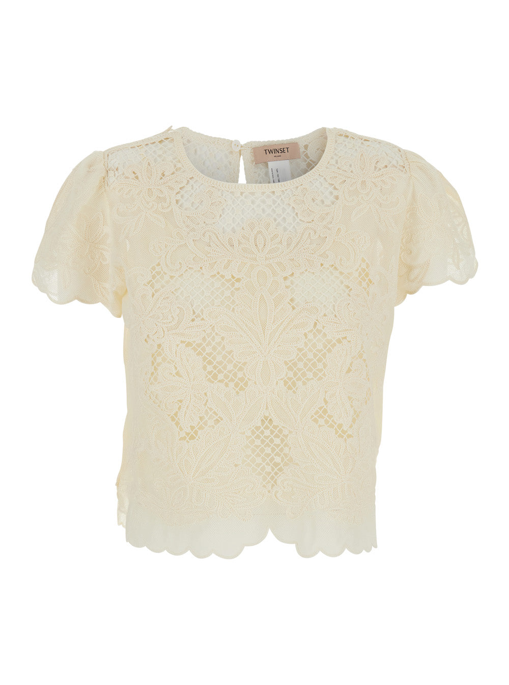 Blouse White with Long Sleeves and Cotton Lace Details for Women Polyamide Tops