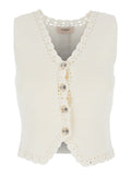 V-Neck Crochet Knit Vest in White Viscose Blend for Women Polyamide Blazers