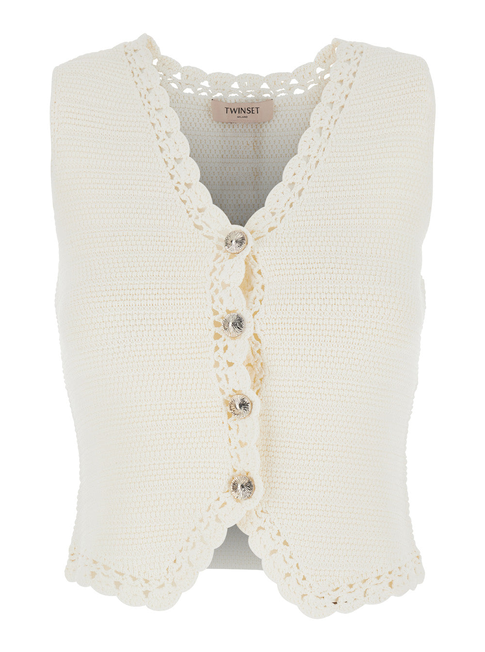 V-Neck Crochet Knit Vest in White Viscose Blend for Women Polyamide Blazers