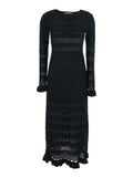 Long Dress with Ruffles and Perforated Design Black Viscose Polyamide