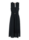 Long Dress Metal Buckle Black With V-Neck And Cotton Belt For Women Elastane
