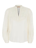 White V-neck Blouse with Fabric Embroidery for Women Ramie Shirts And Blouses
