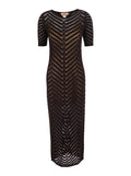Long Dress Knitted Brown With Round Neck And Sleeves Viscose Women Elastane