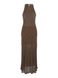 Long Dress Knitted With V-Neck And Sleeves Brown For Women Linen Polyester Polyamide