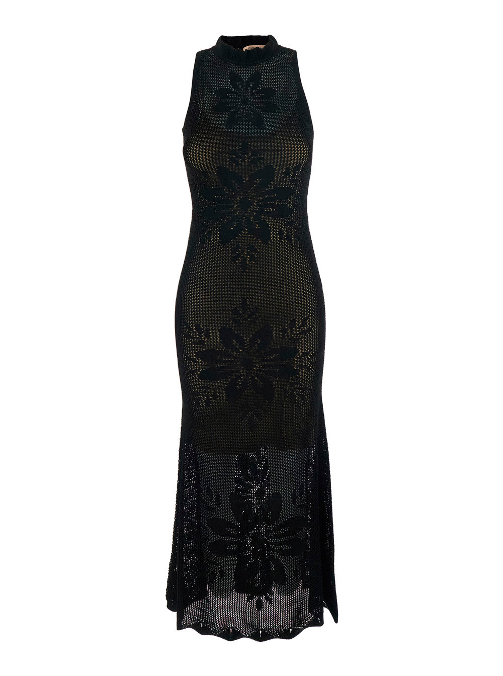 Long Dress Knitted Black With V-Neck And Sleeves Viscose Women Polyamide