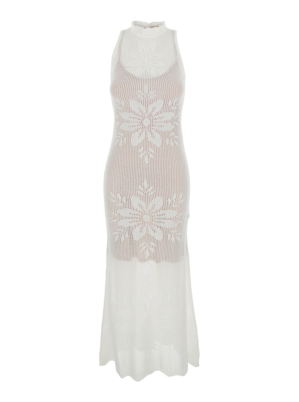 Long Dress Knitted White With V-Neck And Sleeves Viscose Women Polyamide