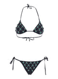 Black Bikini with Gem Embroidery and Adjustable Drawstring Closure in Stretch Tech Fabric for Women Polyamide Polyester Elastane Beachwear