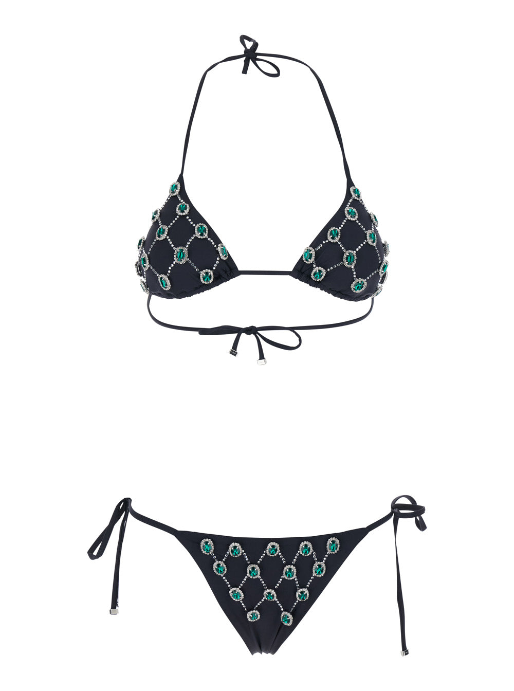 Black Bikini with Gem Embroidery and Adjustable Drawstring Closure in Stretch Tech Fabric for Women Polyamide Polyester Elastane Beachwear