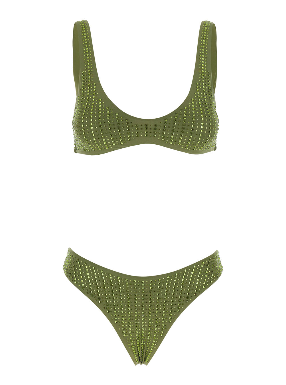 High-Cut Green Bikini with Brazilian Cut Brief and All-Over Sequin Stripe Decoration in Stretch Tech Fabric for Women Polyamide Elastane Beachwear