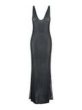 Malibu Dress with V-Neck and All-Over Crystal Decoration in Black Stretch Tech Fabric for Women Long