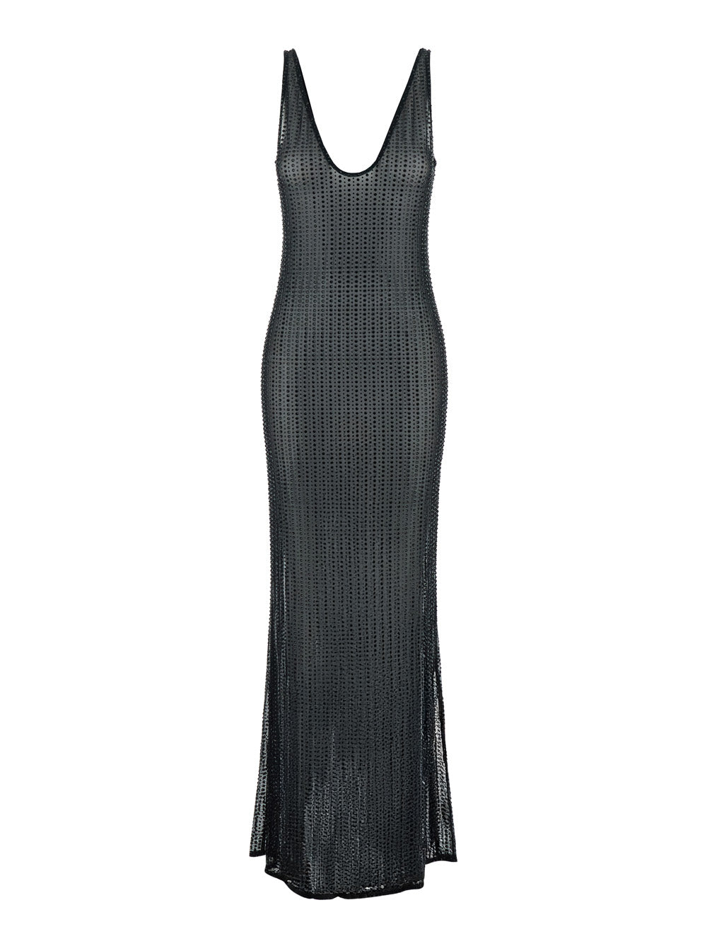 Malibu Dress with V-Neck and All-Over Crystal Decoration in Black Stretch Tech Fabric for Women Long