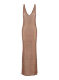 Malibu Dress with V-Neck and All-Over Crystal Decoration in Brown Stretch Tech Fabric for Women Long